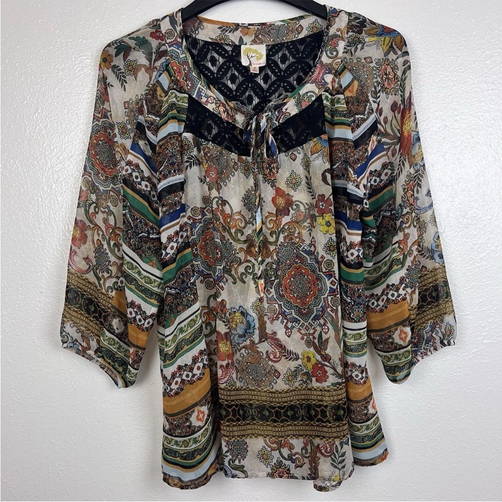 Fig and Flower Women's Semi Sheer Multicolor Floral Blouse Peasant Size Large